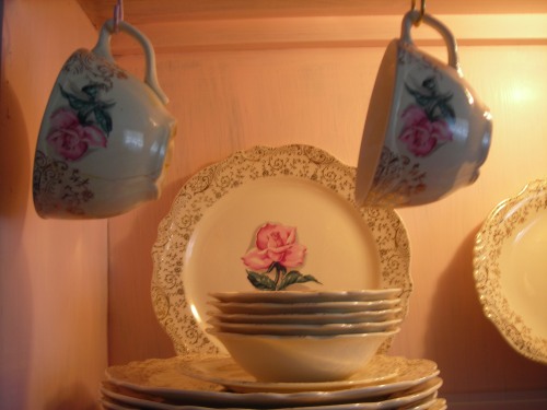 close up of my mama's virginia rose plates and cups